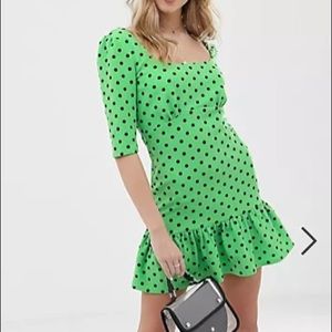 NWT ASOS Slime green with black polka dot ruffle mini dress
